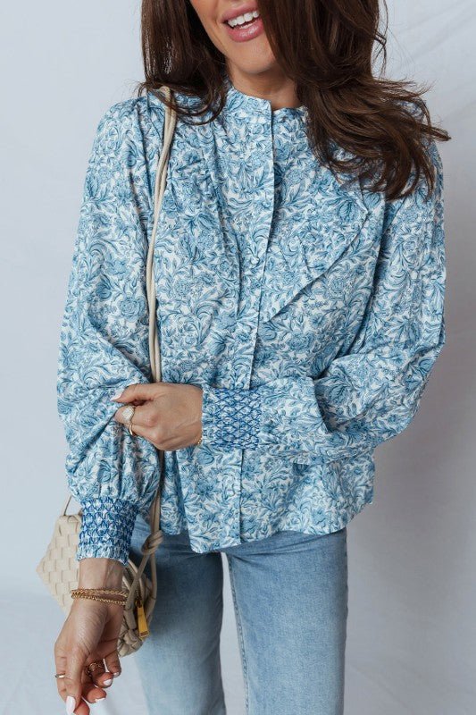 Floral Puff Sleeve Button - Up Shirt - Sleekdenim.com
