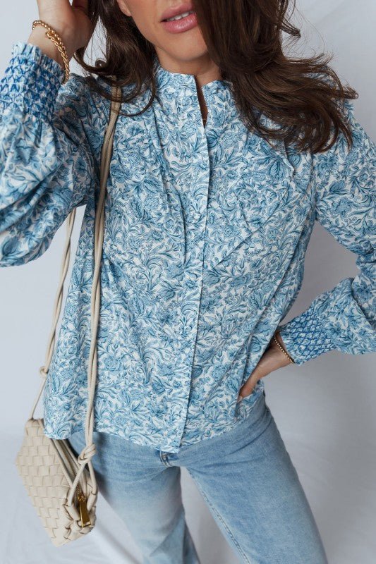 Floral Puff Sleeve Button - Up Shirt - Sleekdenim.com