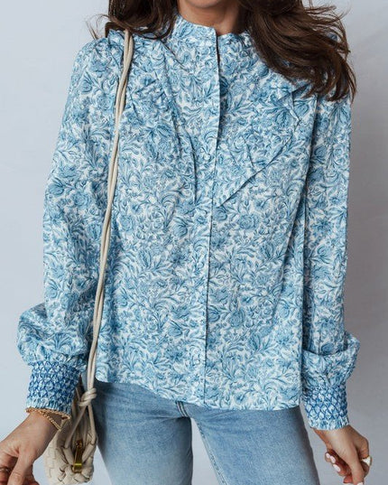 Floral Puff Sleeve Button - Up Shirt - Sleekdenim.com