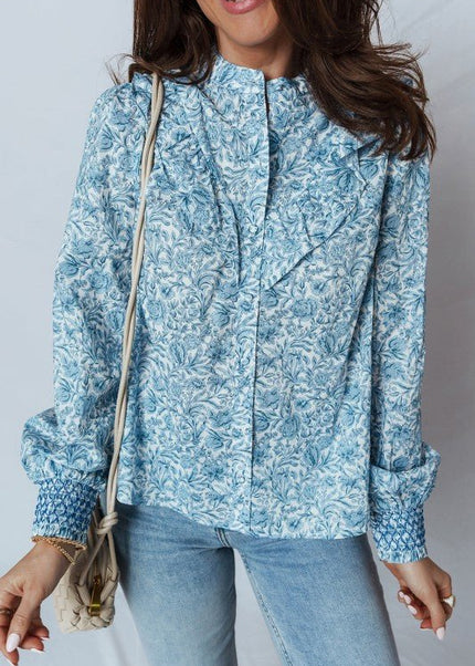 Floral Puff Sleeve Button - Up Shirt - Sleekdenim.com