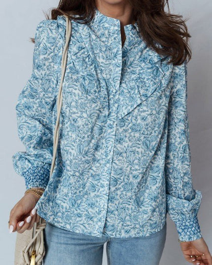 Floral Puff Sleeve Button - Up Shirt - Sleekdenim.com