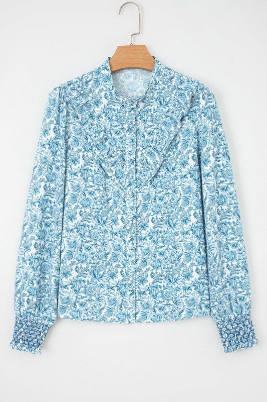Floral Puff Sleeve Button - Up Shirt - Sleekdenim.com
