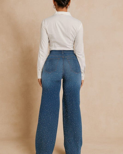 GJG Denim Wide Leg Rhinestone Jean - Sleekdenim.com