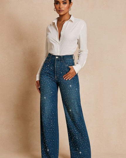 GJG Denim Wide Leg Rhinestone Jean - Sleekdenim.com