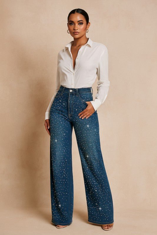 GJG Denim Wide Leg Rhinestone Jean - Sleekdenim.com