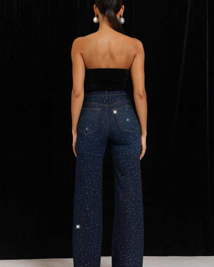 GJG Denim Wide Leg Rhinestone Jeans - Sleekdenim.com