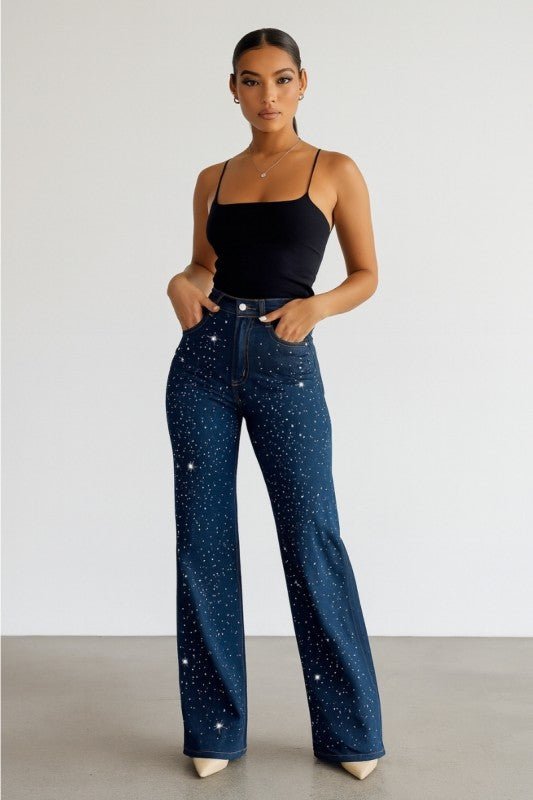 GJG Denim Wide Leg Rhinestone Jeans - Sleekdenim.com