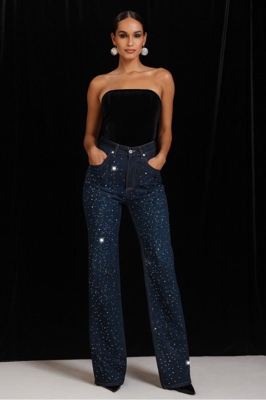 GJG Denim Wide Leg Rhinestone Jeans - Sleekdenim.com