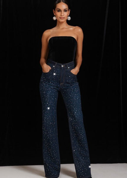GJG Denim Wide Leg Rhinestone Jeans - Sleekdenim.com