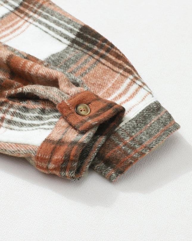 Gold Flame & Grey Plaid Button Up Collared Flannel Shacket - Sleekdenim.com