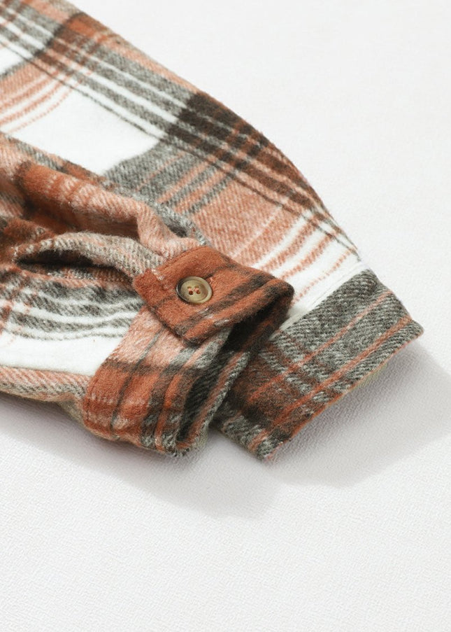 Gold Flame & Grey Plaid Button Up Collared Flannel Shacket - Sleekdenim.com