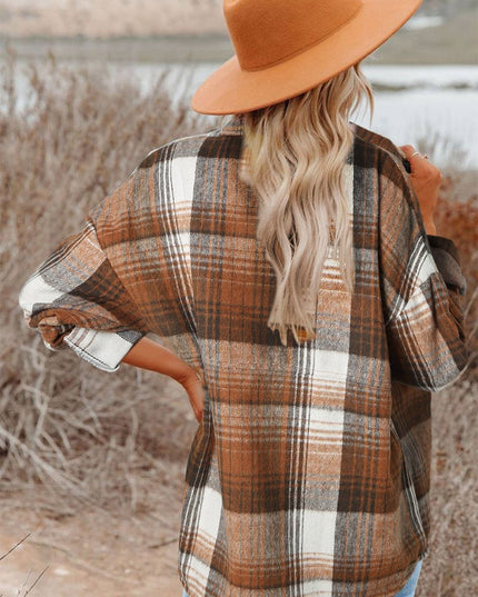 Gold Flame & Grey Plaid Button Up Collared Flannel Shacket - Sleekdenim.com