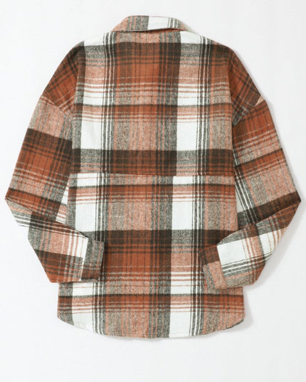 Gold Flame & Grey Plaid Button Up Collared Flannel Shacket - Sleekdenim.com