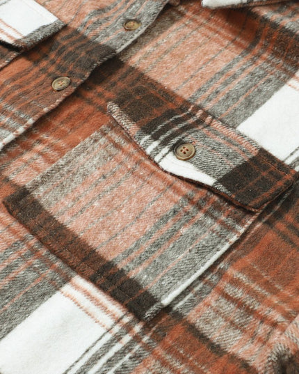 Gold Flame & Grey Plaid Button Up Collared Flannel Shacket - Sleekdenim.com