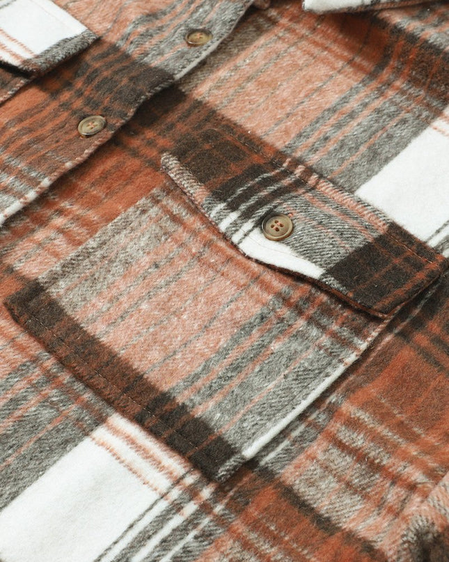 Gold Flame & Grey Plaid Button Up Collared Flannel Shacket - Sleekdenim.com