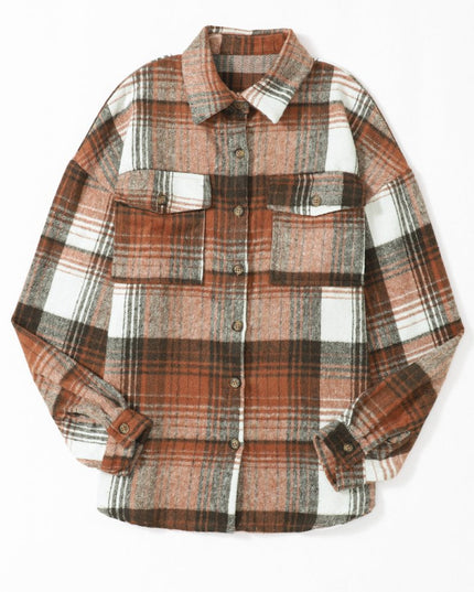 Gold Flame & Grey Plaid Button Up Collared Flannel Shacket - Sleekdenim.com