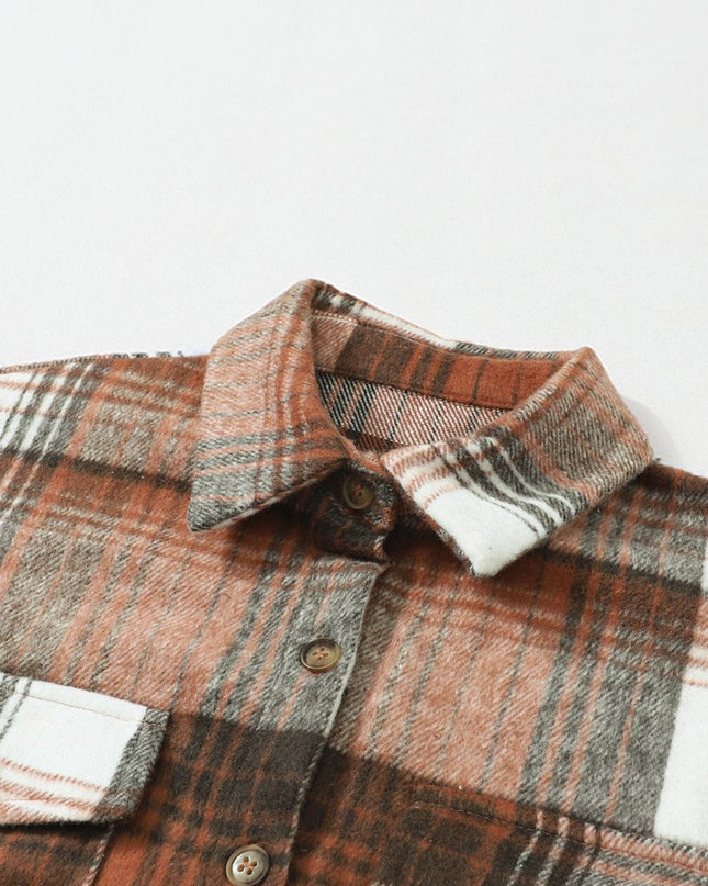 Gold Flame & Grey Plaid Button Up Collared Flannel Shacket - Sleekdenim.com