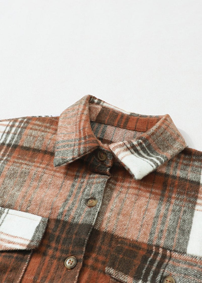 Gold Flame & Grey Plaid Button Up Collared Flannel Shacket - Sleekdenim.com