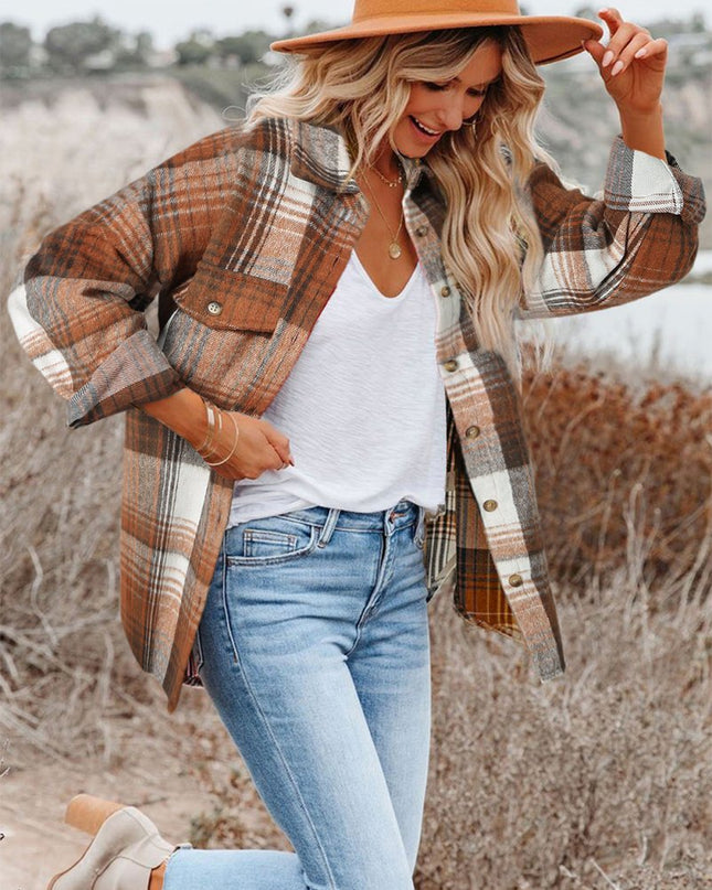 Gold Flame & Grey Plaid Button Up Collared Flannel Shacket - Sleekdenim.com