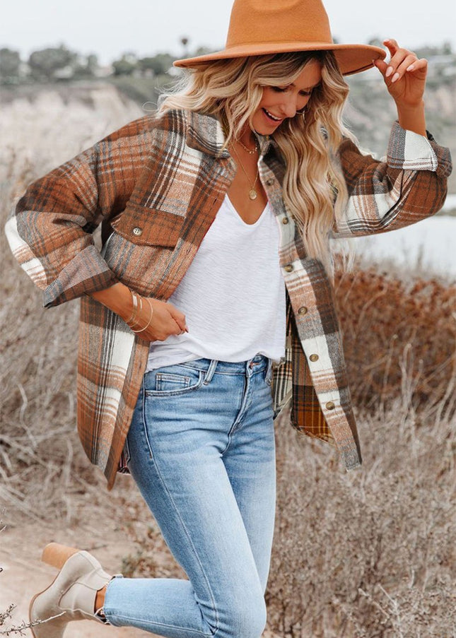 Gold Flame & Grey Plaid Button Up Collared Flannel Shacket - Sleekdenim.com