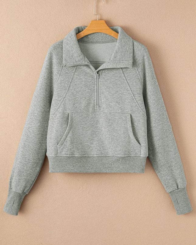 Gray Zip Up Stand Collar Ribbed Thumbhole Sleeve Sweatshirt - Sleekdenim.com