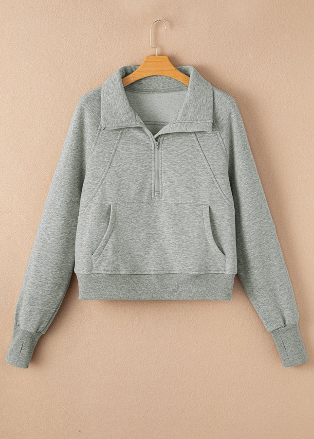 Gray Zip Up Stand Collar Ribbed Thumbhole Sleeve Sweatshirt - Sleekdenim.com