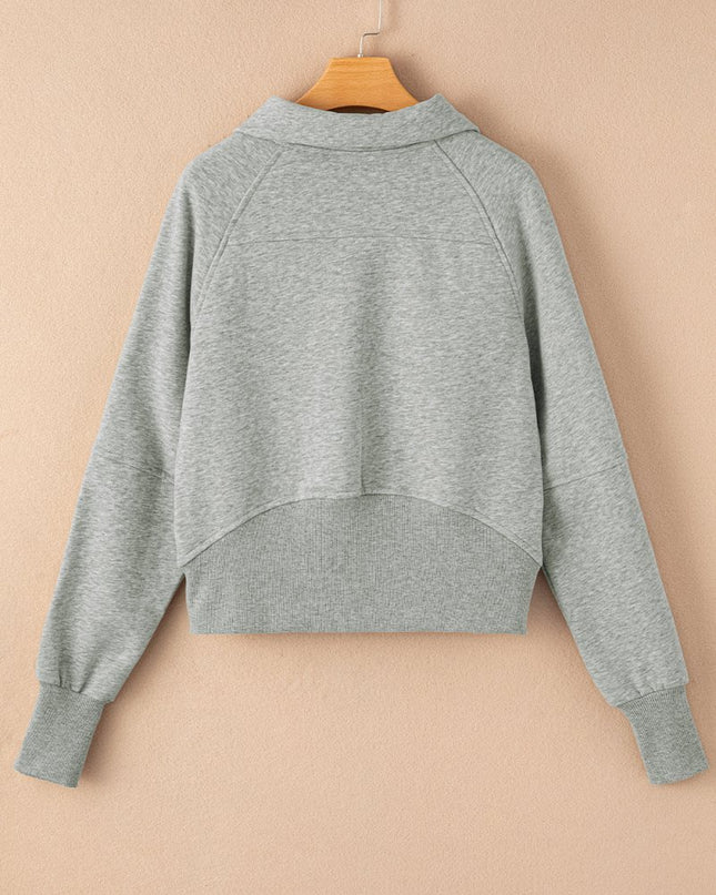 Gray Zip Up Stand Collar Ribbed Thumbhole Sleeve Sweatshirt - Sleekdenim.com