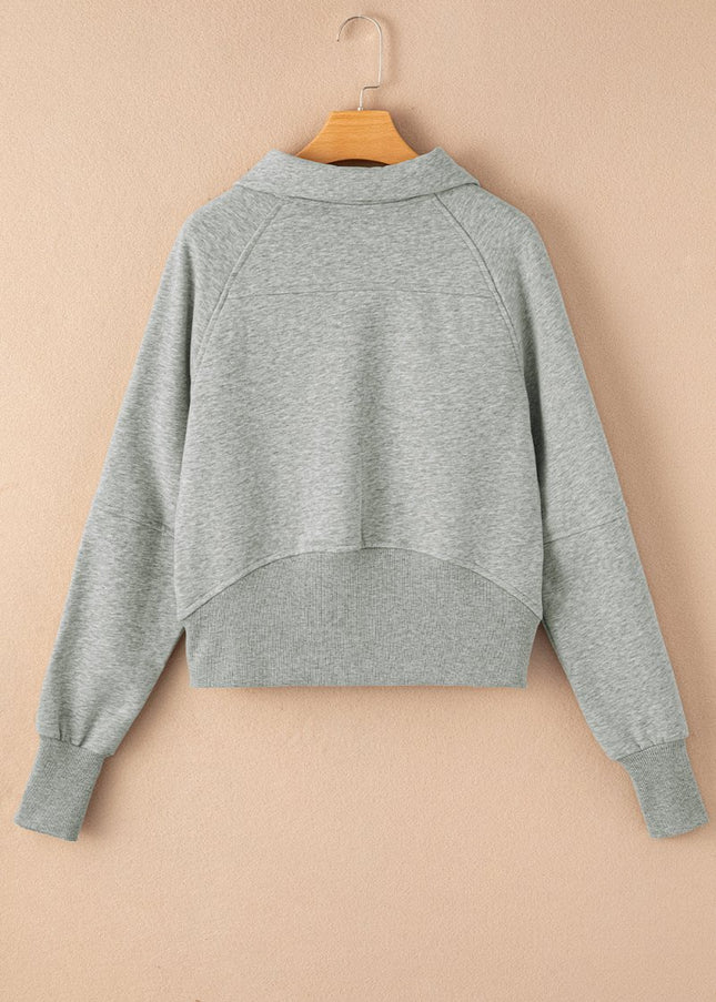 Gray Zip Up Stand Collar Ribbed Thumbhole Sleeve Sweatshirt - Sleekdenim.com