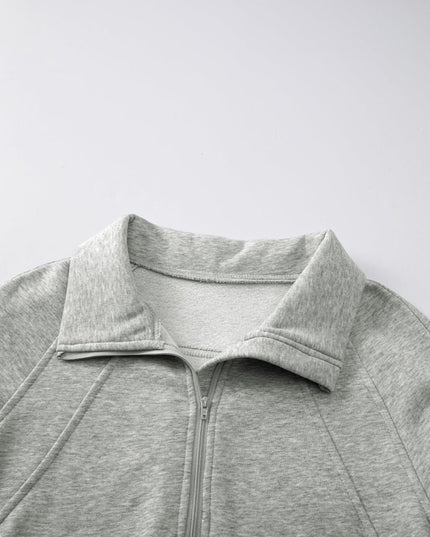 Gray Zip Up Stand Collar Ribbed Thumbhole Sleeve Sweatshirt - Sleekdenim.com