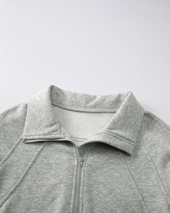 Gray Zip Up Stand Collar Ribbed Thumbhole Sleeve Sweatshirt - Sleekdenim.com