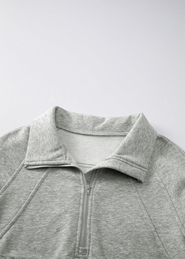 Gray Zip Up Stand Collar Ribbed Thumbhole Sleeve Sweatshirt - Sleekdenim.com