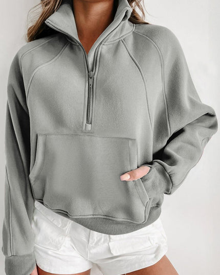 Gray Zip Up Stand Collar Ribbed Thumbhole Sleeve Sweatshirt - Sleekdenim.com