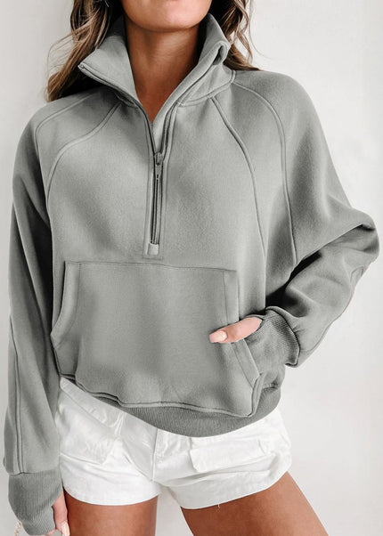 Gray Zip Up Stand Collar Ribbed Thumbhole Sleeve Sweatshirt - Sleekdenim.com