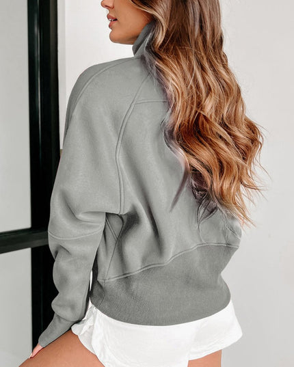 Gray Zip Up Stand Collar Ribbed Thumbhole Sleeve Sweatshirt - Sleekdenim.com