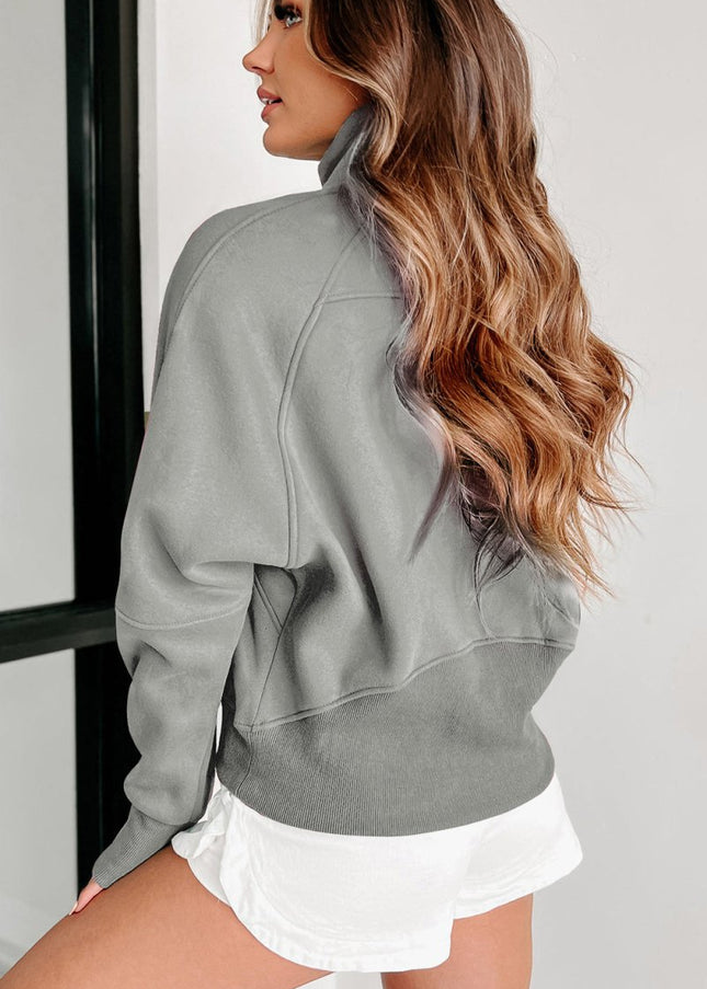 Gray Zip Up Stand Collar Ribbed Thumbhole Sleeve Sweatshirt - Sleekdenim.com