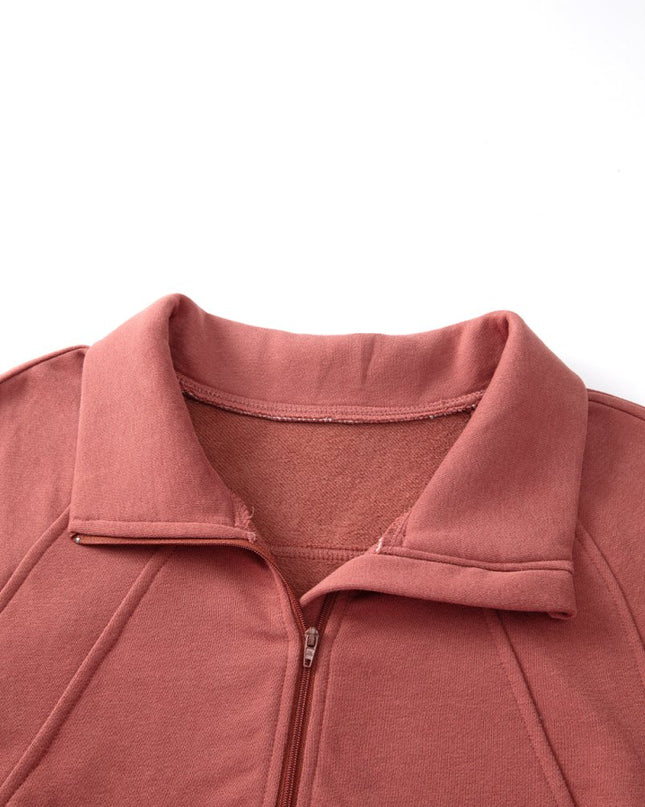 Gray Zip Up Stand Collar Ribbed Thumbhole Sleeve Sweatshirt - Sleekdenim.com