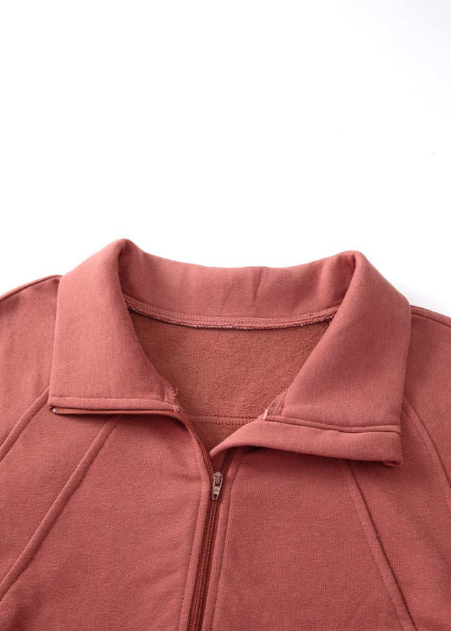 Gray Zip Up Stand Collar Ribbed Thumbhole Sleeve Sweatshirt - Sleekdenim.com