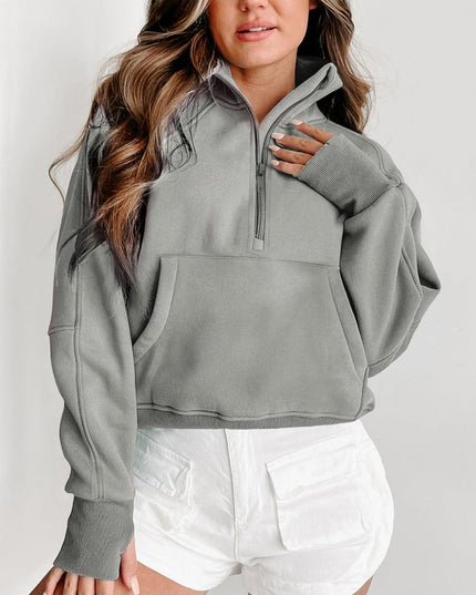 Gray Zip Up Stand Collar Ribbed Thumbhole Sleeve Sweatshirt - Sleekdenim.com