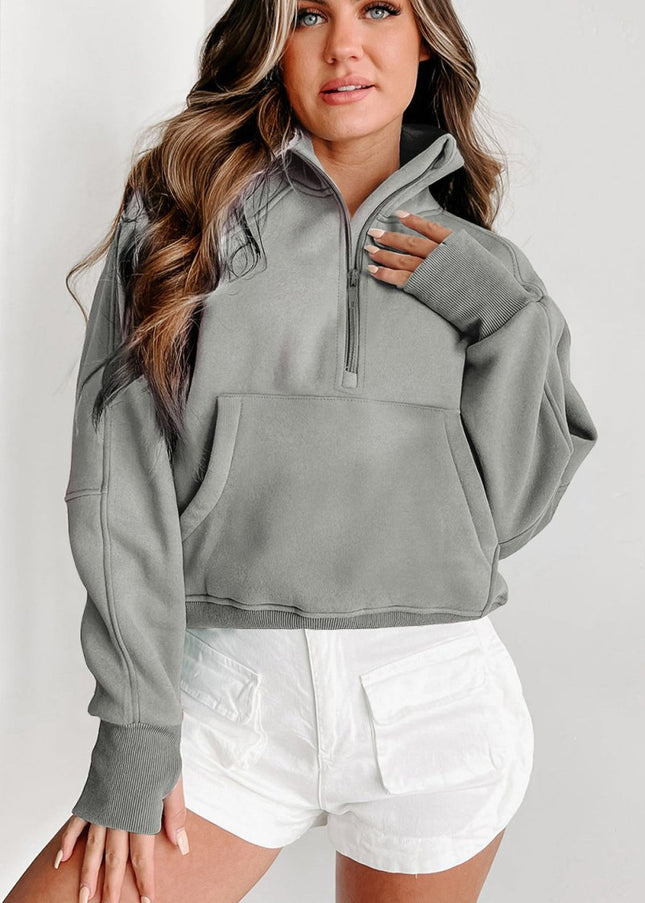 Gray Zip Up Stand Collar Ribbed Thumbhole Sleeve Sweatshirt - Sleekdenim.com