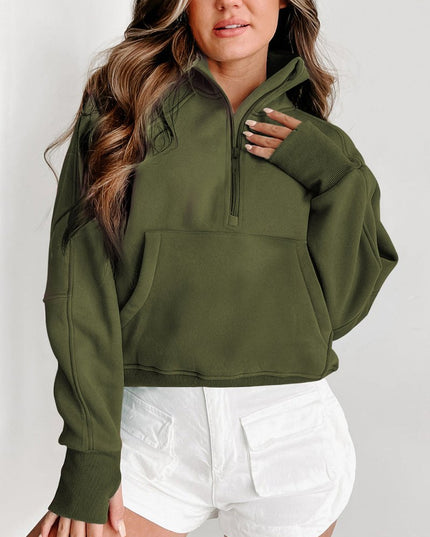 Gray Zip Up Stand Collar Ribbed Thumbhole Sleeve Sweatshirt - Sleekdenim.com