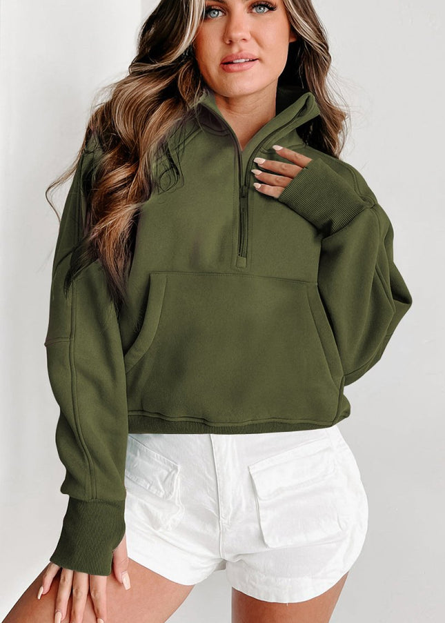 Gray Zip Up Stand Collar Ribbed Thumbhole Sleeve Sweatshirt - Sleekdenim.com