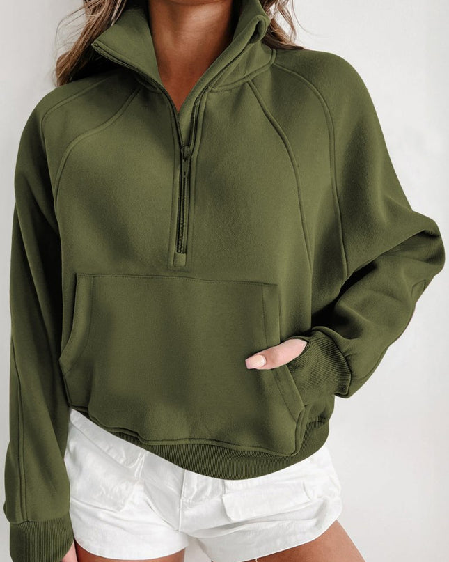 Gray Zip Up Stand Collar Ribbed Thumbhole Sleeve Sweatshirt - Sleekdenim.com