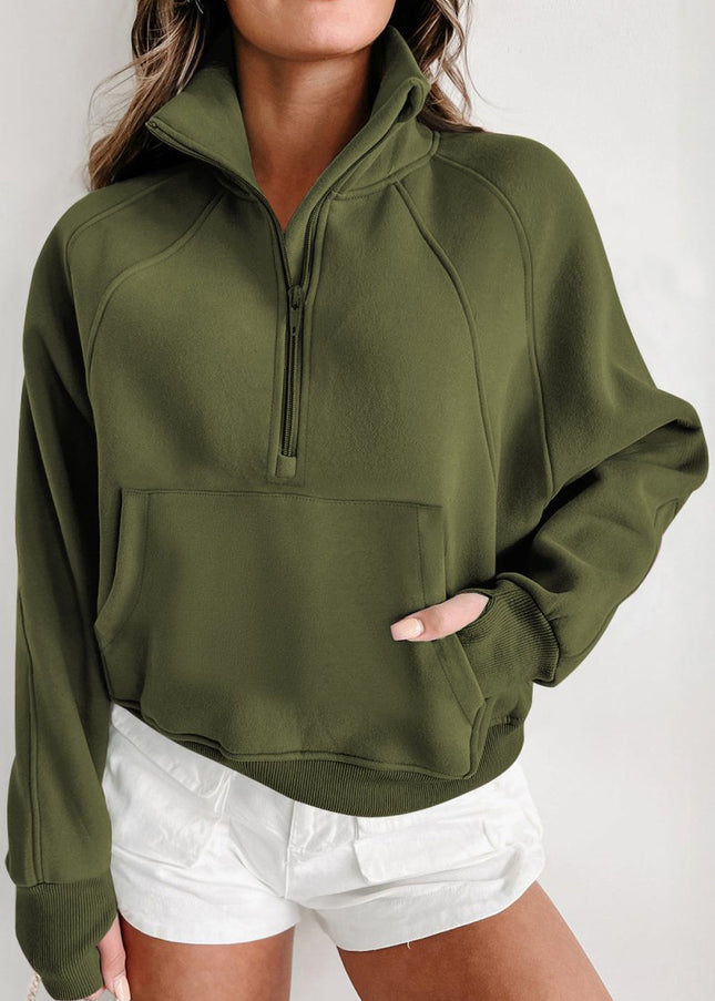 Gray Zip Up Stand Collar Ribbed Thumbhole Sleeve Sweatshirt - Sleekdenim.com