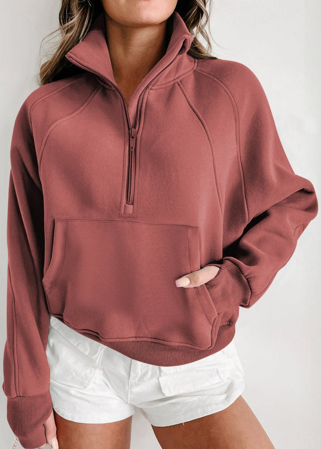 Gray Zip Up Stand Collar Ribbed Thumbhole Sleeve Sweatshirt - Sleekdenim.com