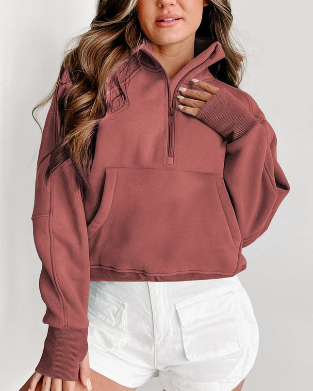 Gray Zip Up Stand Collar Ribbed Thumbhole Sleeve Sweatshirt - Sleekdenim.com