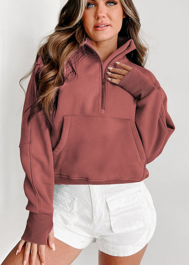 Gray Zip Up Stand Collar Ribbed Thumbhole Sleeve Sweatshirt - Sleekdenim.com