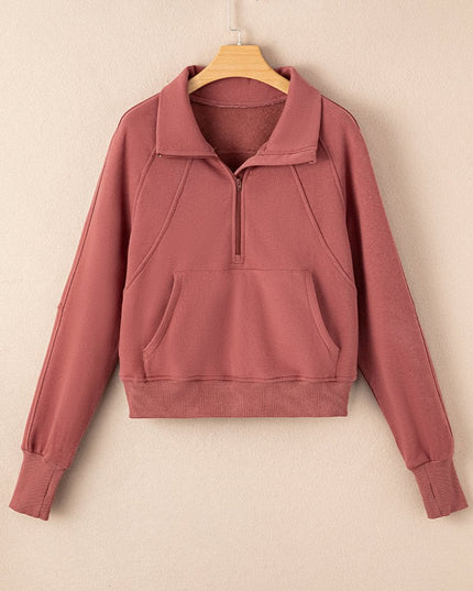 Gray Zip Up Stand Collar Ribbed Thumbhole Sleeve Sweatshirt - Sleekdenim.com