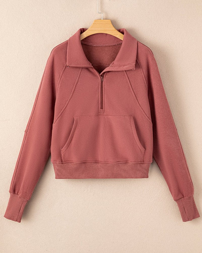 Gray Zip Up Stand Collar Ribbed Thumbhole Sleeve Sweatshirt - Sleekdenim.com