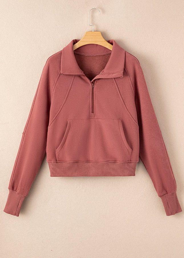 Gray Zip Up Stand Collar Ribbed Thumbhole Sleeve Sweatshirt - Sleekdenim.com