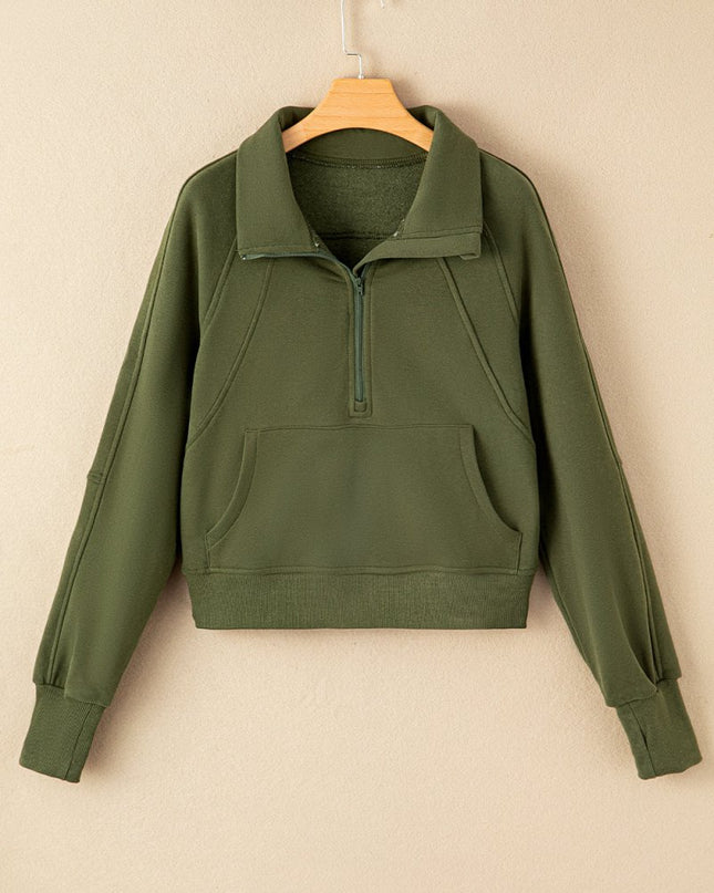 Gray Zip Up Stand Collar Ribbed Thumbhole Sleeve Sweatshirt - Sleekdenim.com